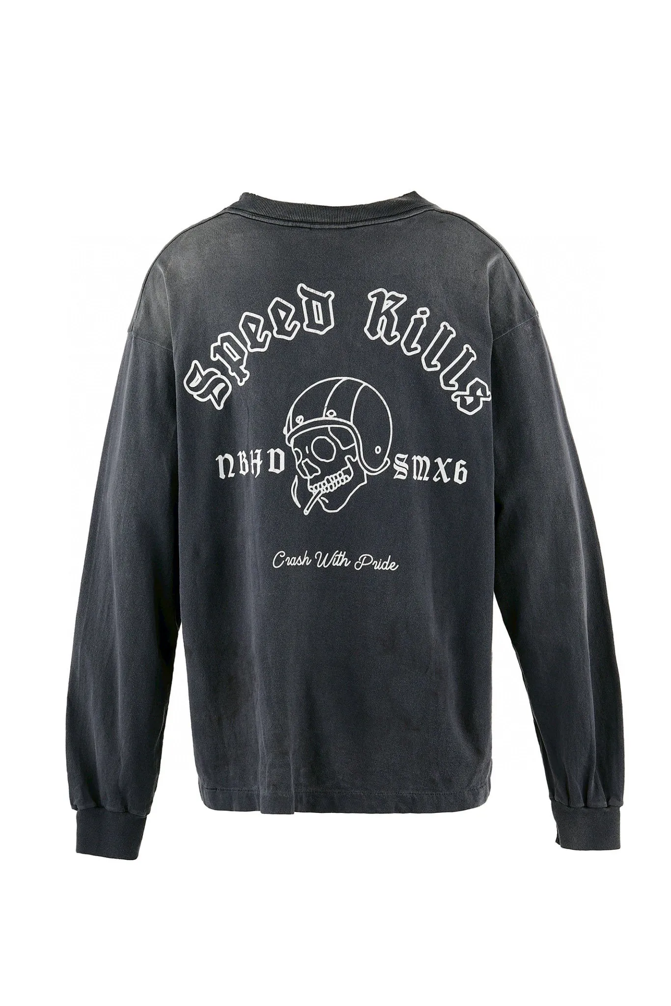 SAINT Mxxxxxx × NEIGHBORHOOD STHD . LS TEE SPEED KILLS/BLK Skull Helmet Long Sleeves Washed Black S-XL Cylindrical Cloth Ready-Made Assute Dyeing Heavy Washing Water Fading Handmade Splashed Ink Holes Simulate Natural Fading and Old Effects Correct Version Customized NBHD Co-branded Accessories Top Purchasing Level